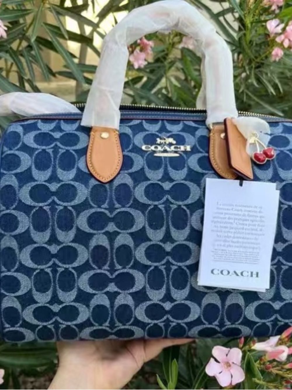 Coach Blue Signature Denim Satchel with Tan Trim